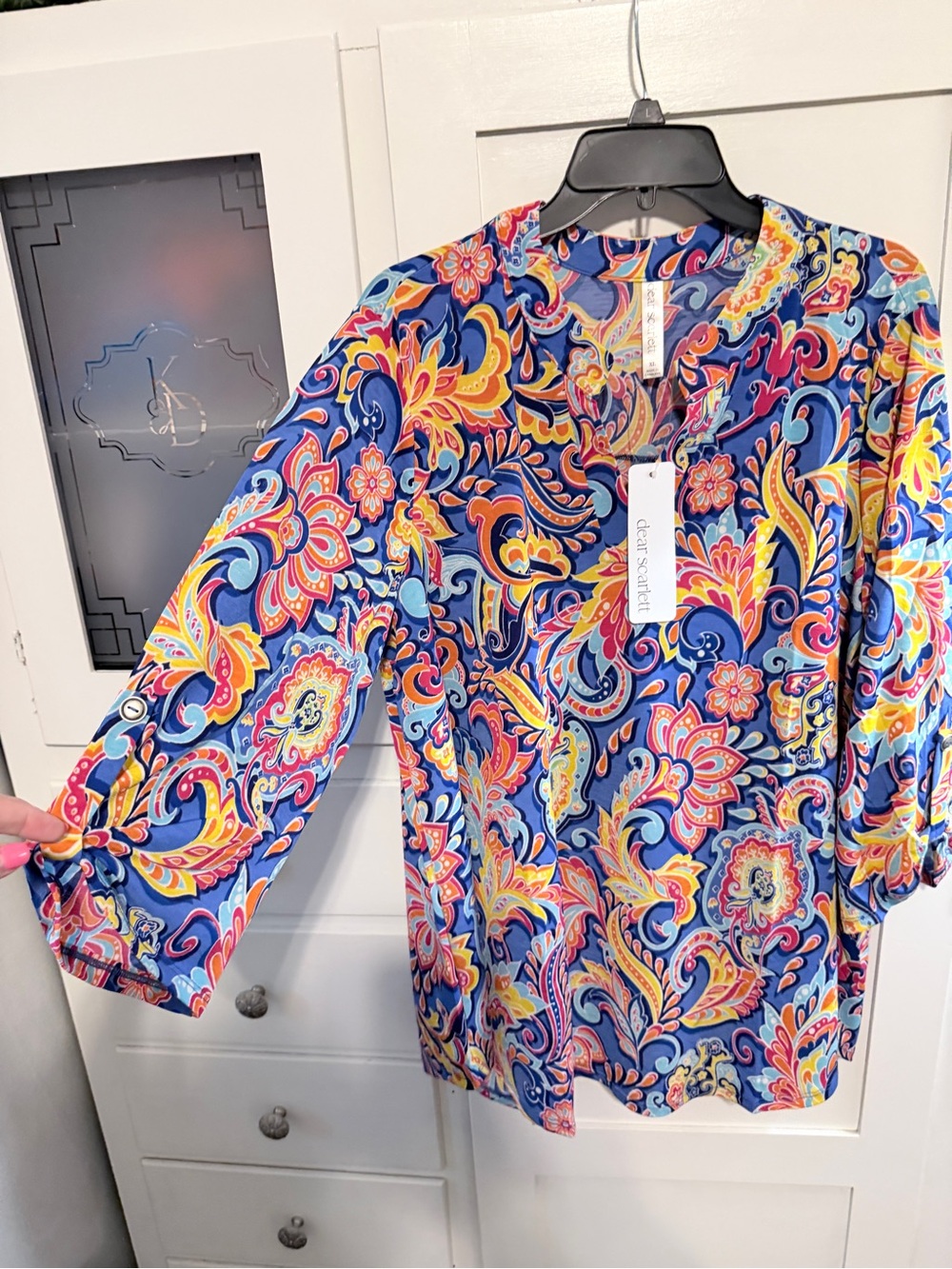 Dear Scarlett Navy Multicolor Paisley V-Neck Blouse by Clea Savant